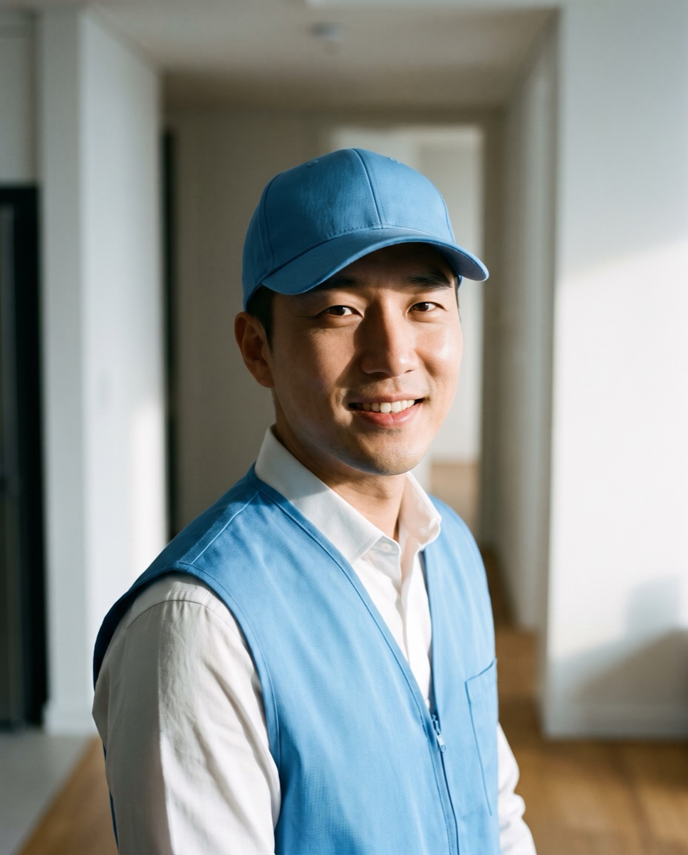 하늘색 모자와 조끼를 입고 웃고 있는 케어 매니저를 표현한 연출 이미지